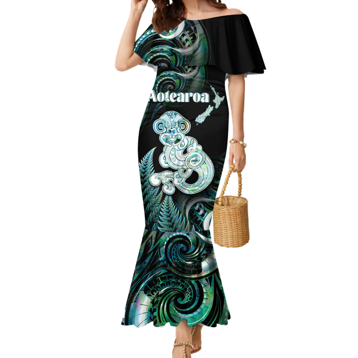 Personalised New Zealand Maori Taniwha Mermaid Dress Silver Fern Paua Shell Version