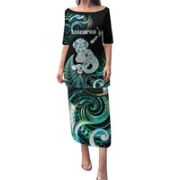 Personalised New Zealand Maori Taniwha Puletasi Silver Fern Paua Shell Version LT05 Long Dress Turquoise - Polynesian Pride