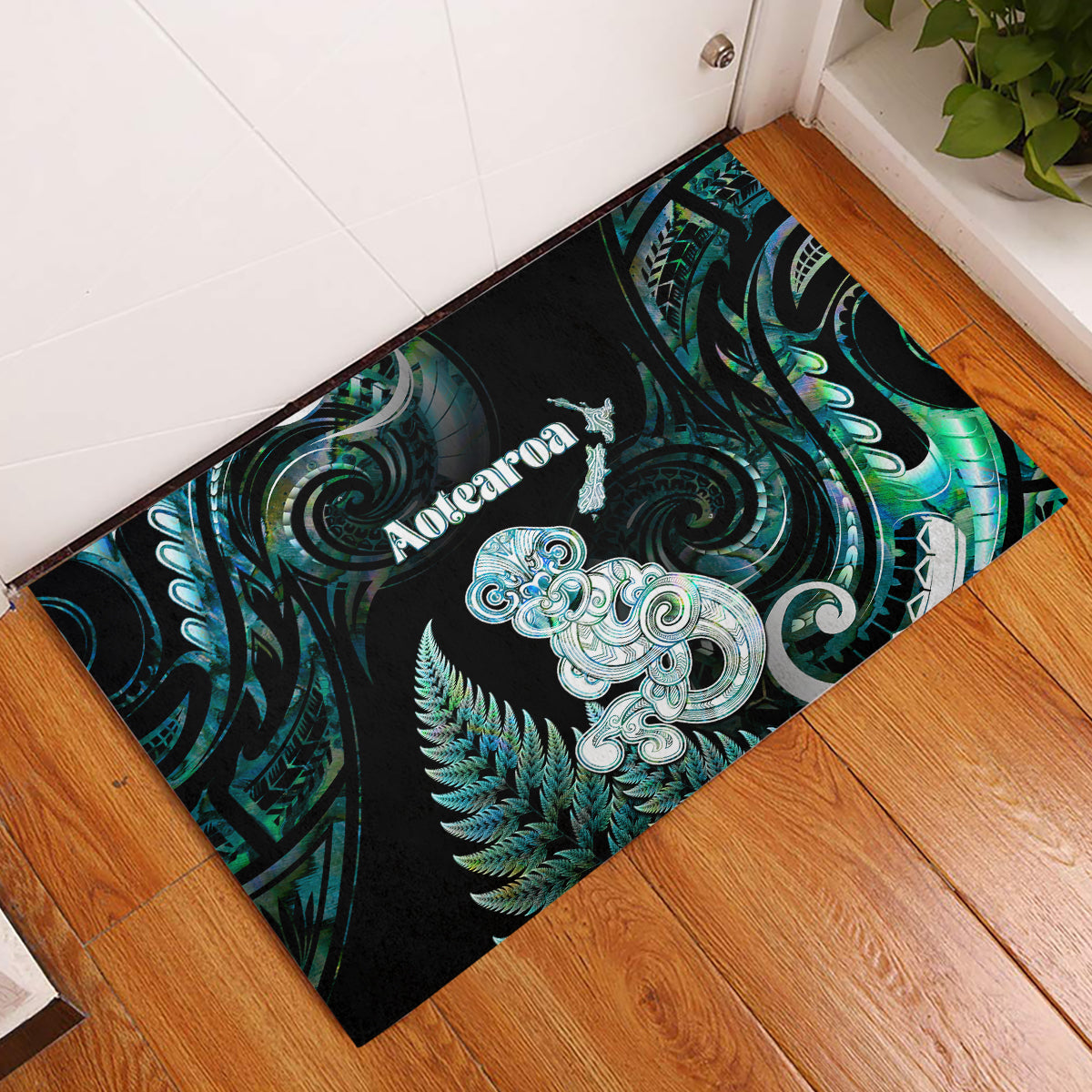 New Zealand Maori Taniwha Rubber Doormat Silver Fern Paua Shell Version LT05 Turquoise - Polynesian Pride