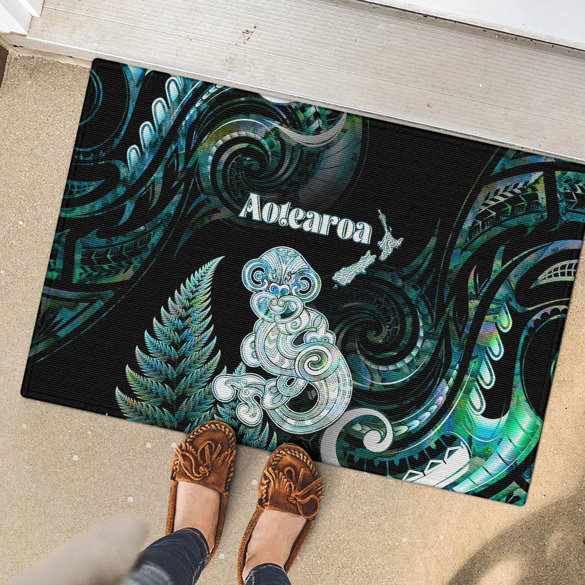 New Zealand Maori Taniwha Rubber Doormat Silver Fern Paua Shell Version LT05 - Polynesian Pride