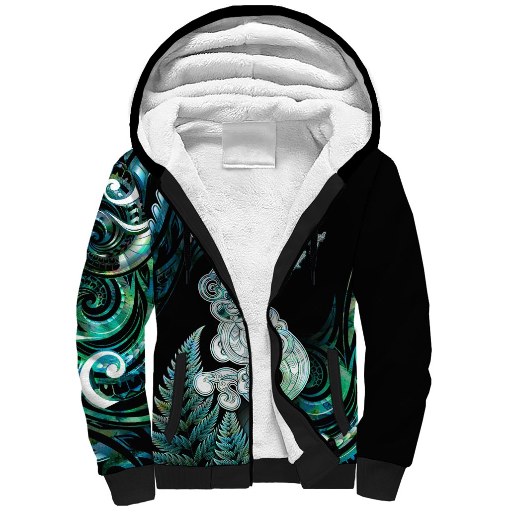 Personalised New Zealand Maori Taniwha Sherpa Hoodie Silver Fern Paua Shell Version LT05 Unisex Turquoise - Polynesian Pride