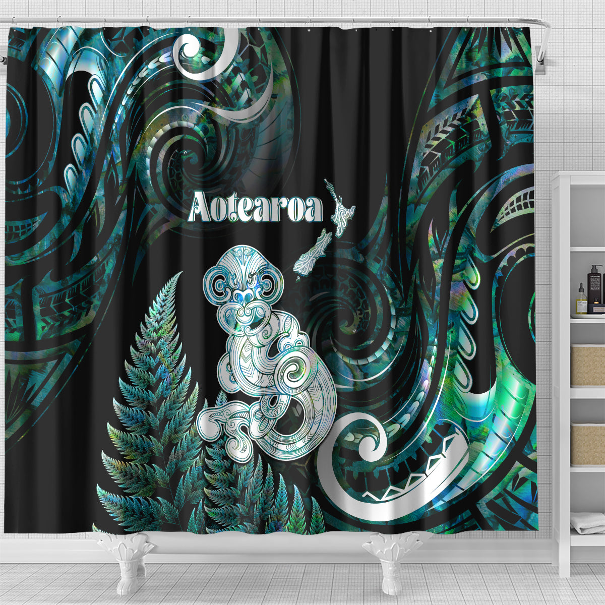 New Zealand Maori Taniwha Shower Curtain Silver Fern Paua Shell Version