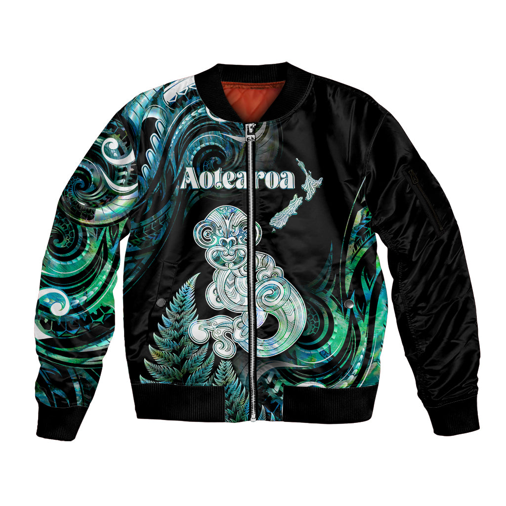 Personalised New Zealand Maori Taniwha Sleeve Zip Bomber Jacket Silver Fern Paua Shell Version LT05 Unisex Turquoise - Polynesian Pride