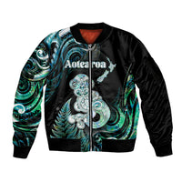 Personalised New Zealand Maori Taniwha Sleeve Zip Bomber Jacket Silver Fern Paua Shell Version LT05 Unisex Turquoise - Polynesian Pride