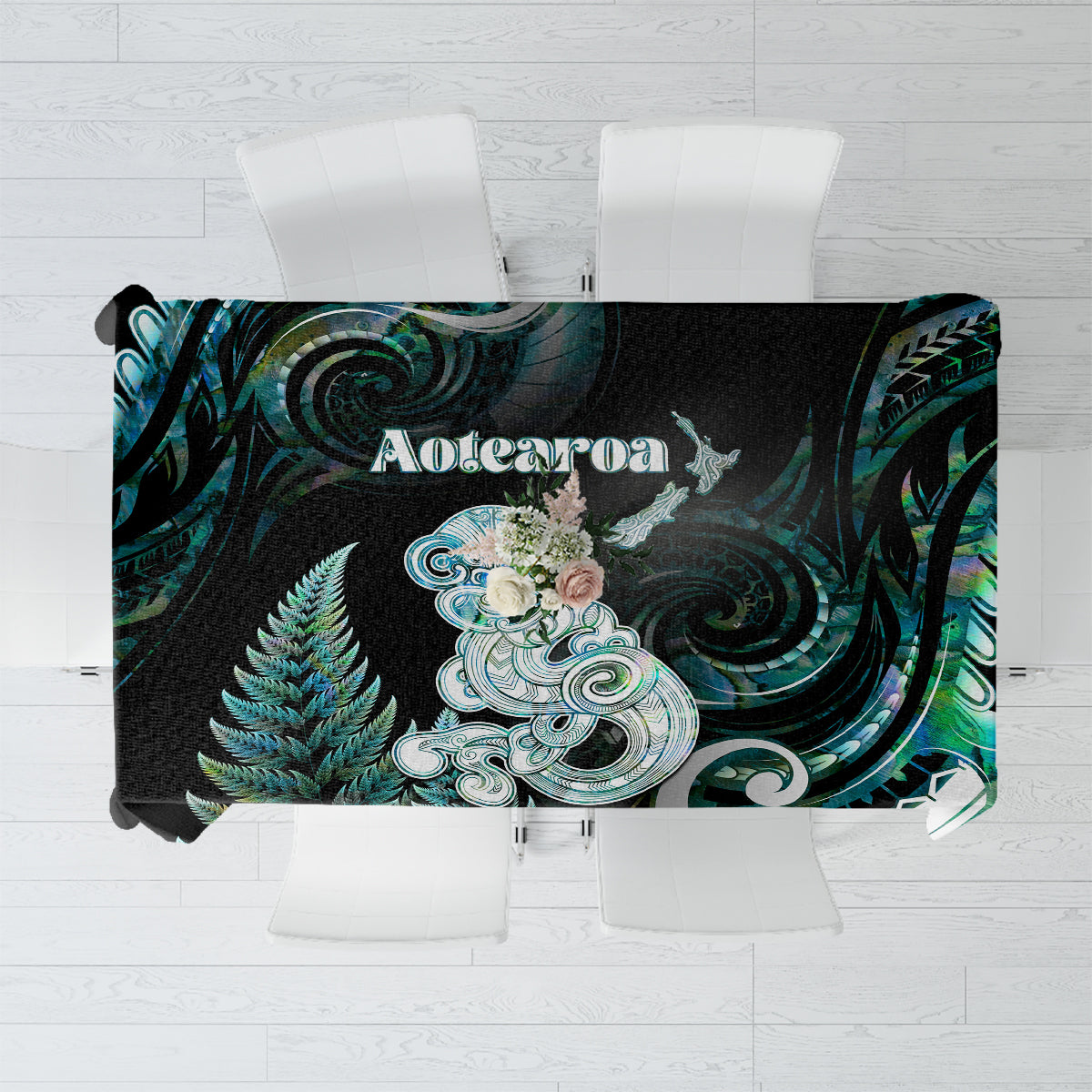 New Zealand Maori Taniwha Tablecloth Silver Fern Paua Shell Version LT05 Turquoise - Polynesian Pride