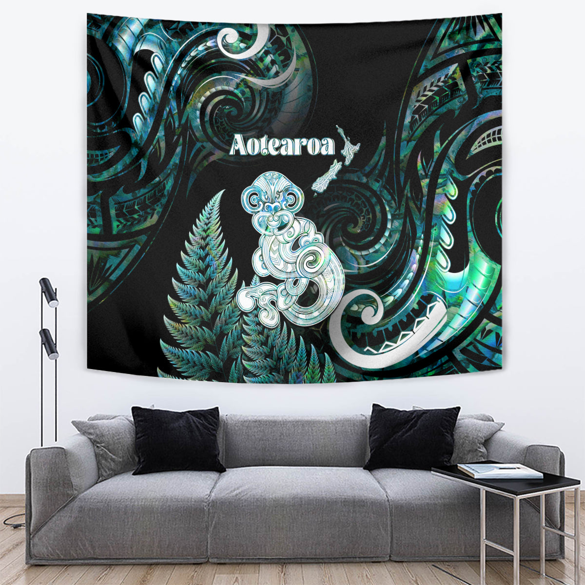 New Zealand Maori Taniwha Tapestry Silver Fern Paua Shell Version LT05 Turquoise - Polynesian Pride