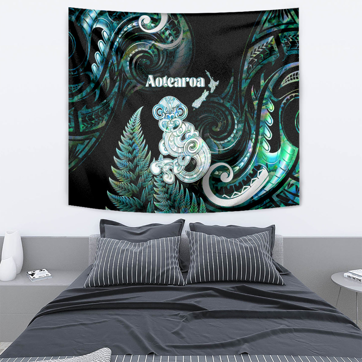 New Zealand Maori Taniwha Tapestry Silver Fern Paua Shell Version LT05 - Polynesian Pride