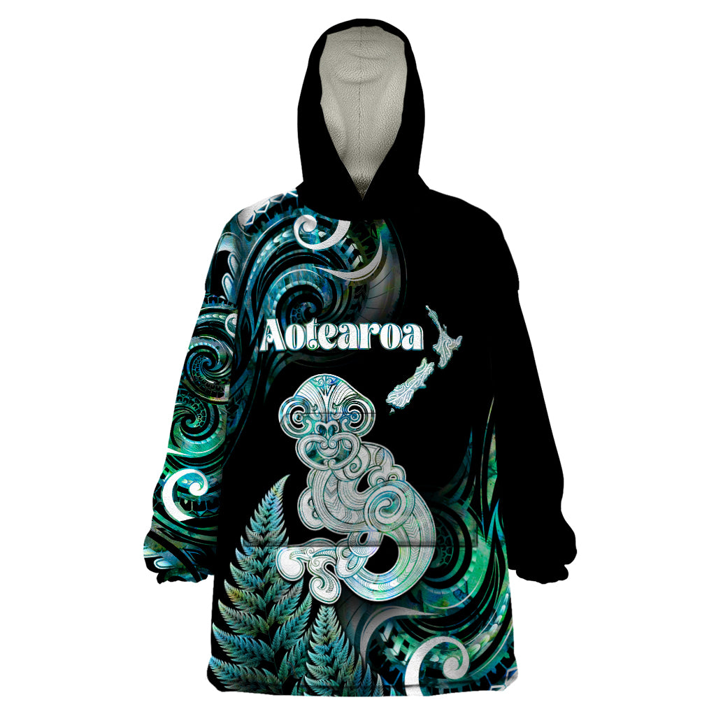 Personalised New Zealand Maori Taniwha Wearable Blanket Hoodie Silver Fern Paua Shell Version LT05 One Size Turquoise - Polynesian Pride