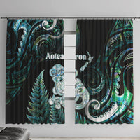 New Zealand Maori Taniwha Window Curtain Silver Fern Paua Shell Version LT05 With Hooks Turquoise - Polynesian Pride
