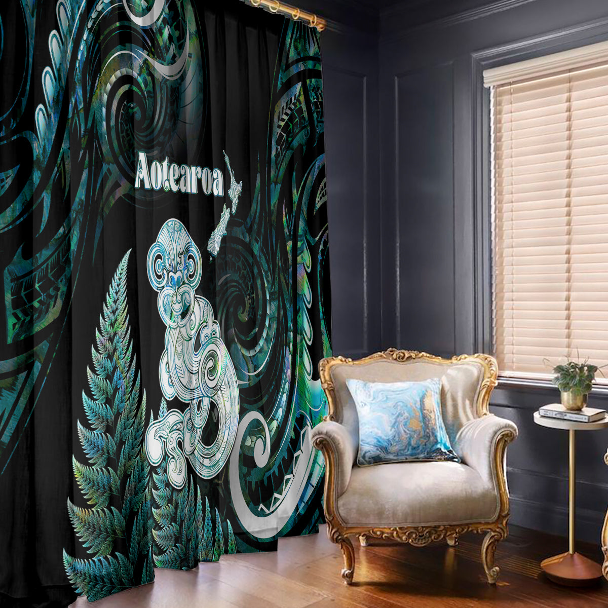 New Zealand Maori Taniwha Window Curtain Silver Fern Paua Shell Version LT05 - Polynesian Pride