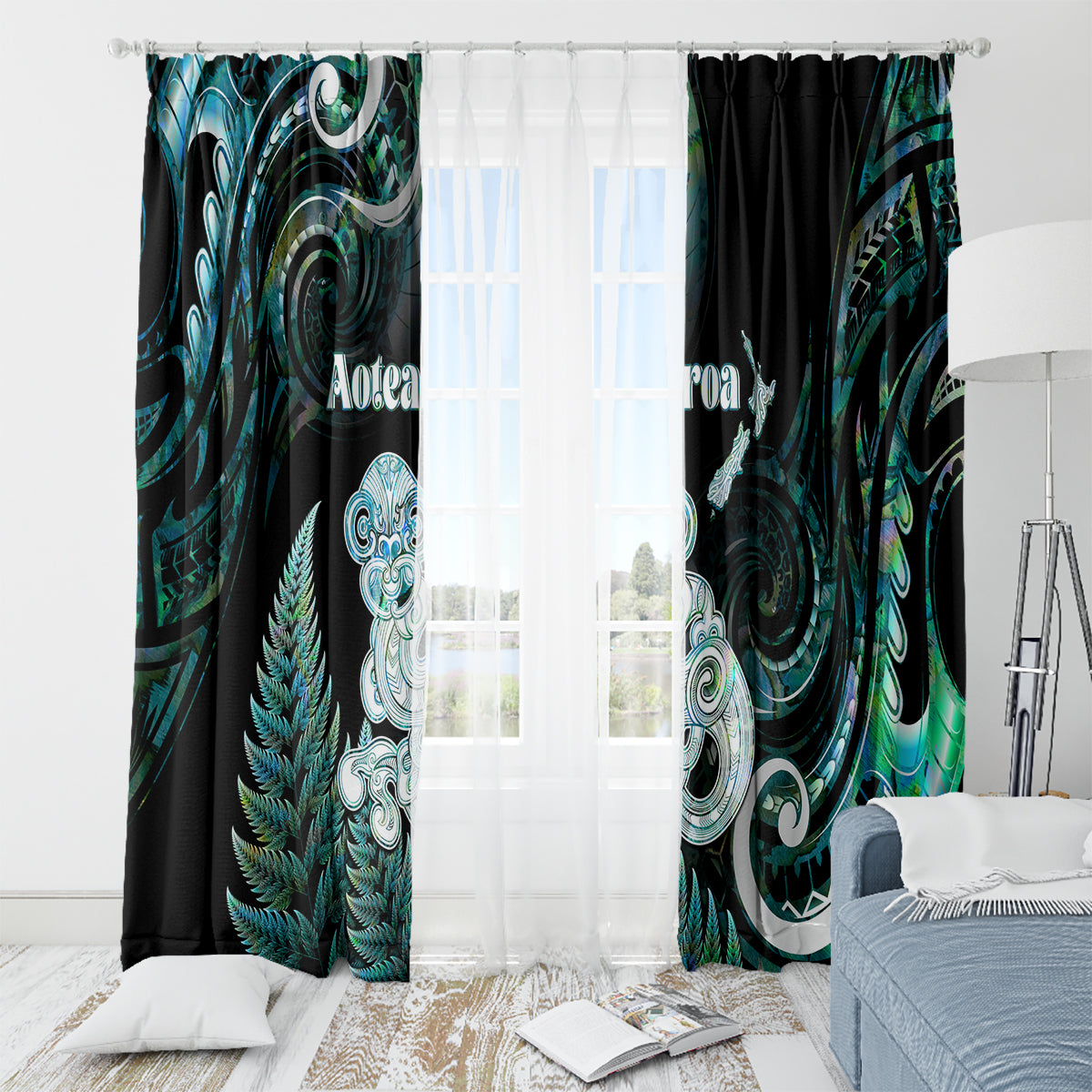 New Zealand Maori Taniwha Window Curtain Silver Fern Paua Shell Version LT05 - Polynesian Pride