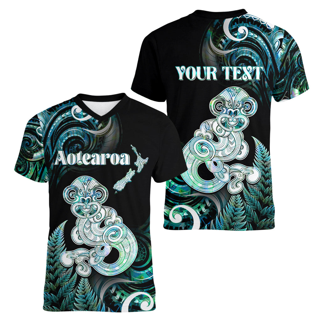 Personalised New Zealand Maori Taniwha Women V-Neck T-Shirt Silver Fern Paua Shell Version