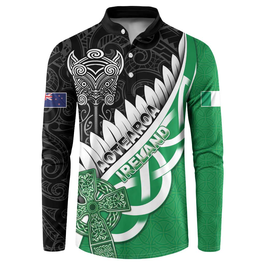 New Zealand And Ireland Rugby Custom Button Sweatshirt Silver Fern With Celtic Cross