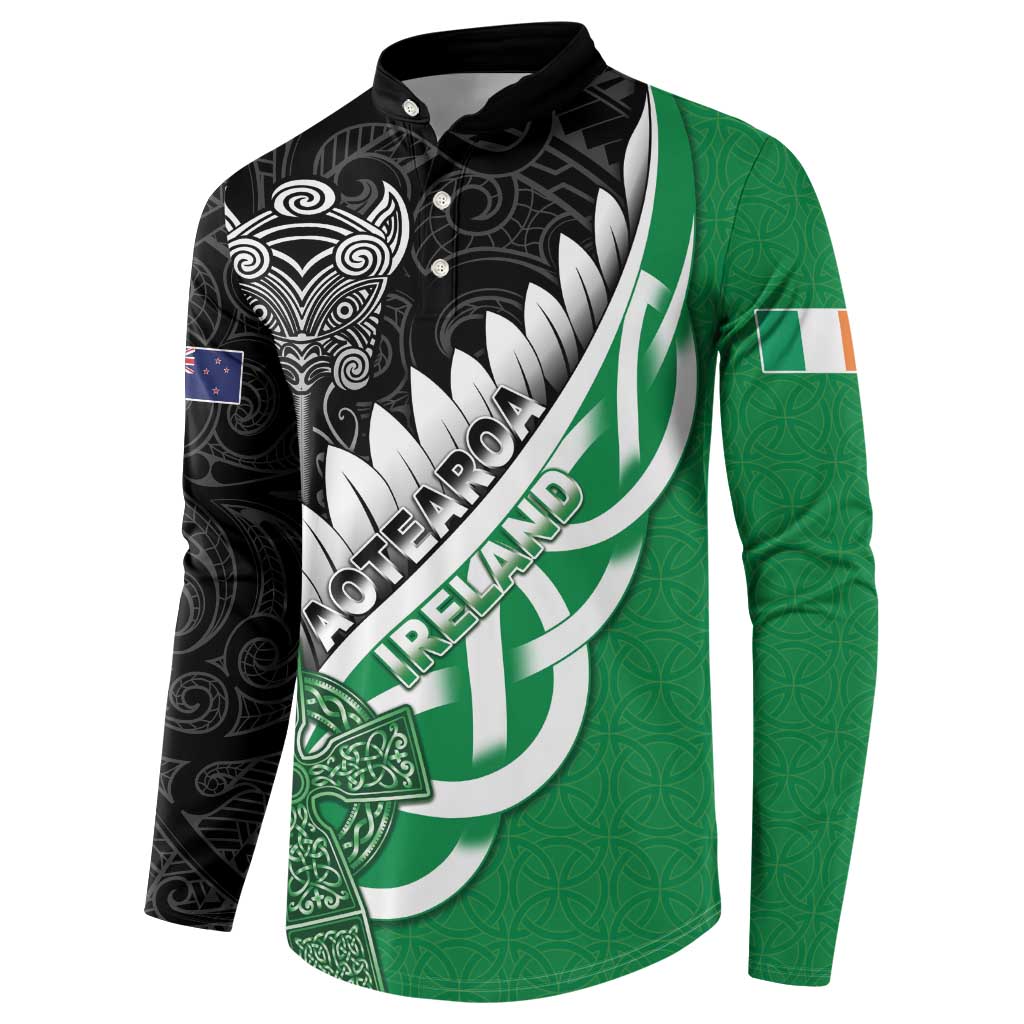 New Zealand And Ireland Rugby Custom Button Sweatshirt Silver Fern With Celtic Cross