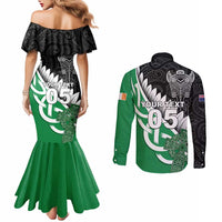 New Zealand And Ireland Rugby Custom Couples Matching Mermaid Dress and Long Sleeve Button Shirt Silver Fern With Celtic Cross