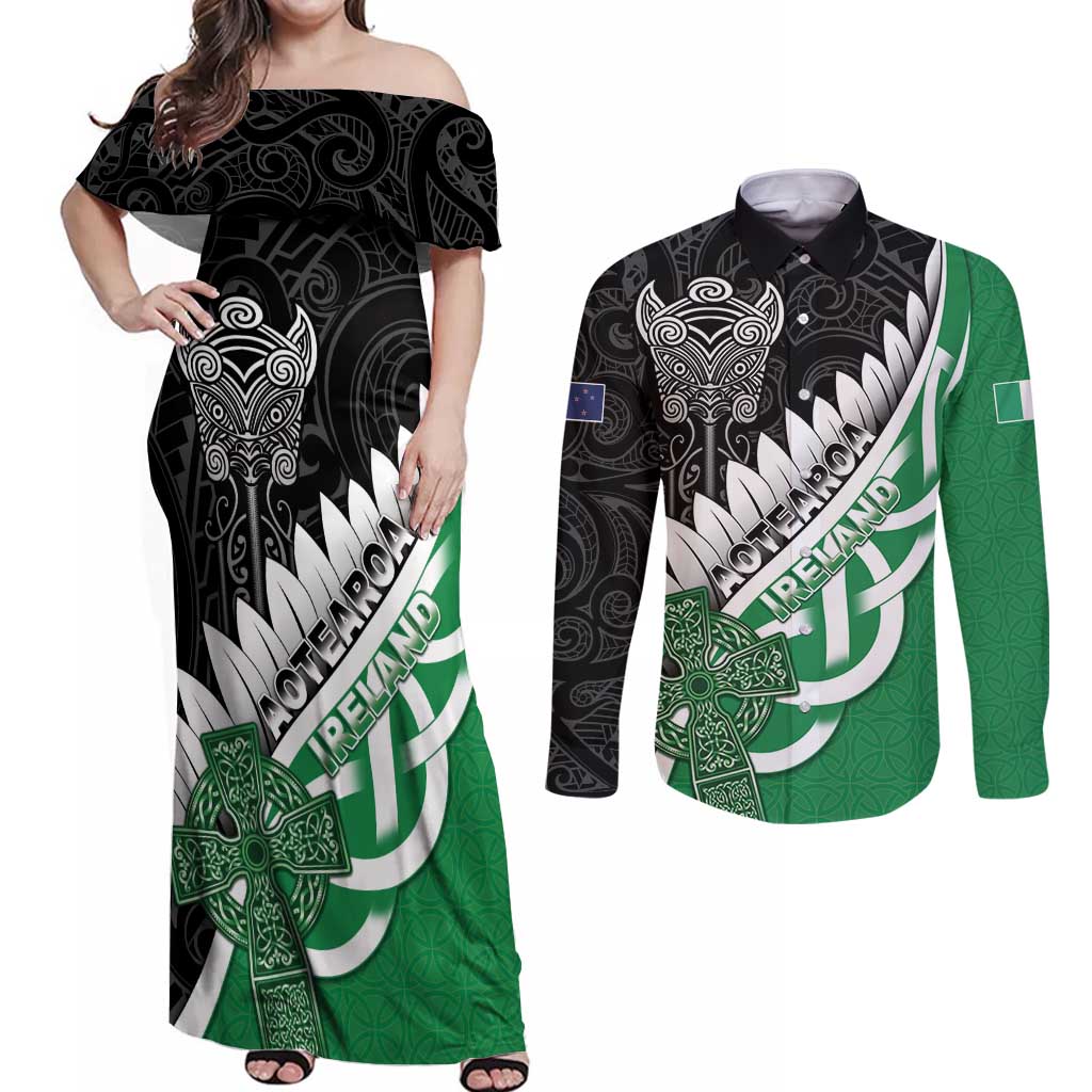 New Zealand And Ireland Rugby Custom Couples Matching Off Shoulder Maxi Dress and Long Sleeve Button Shirt Silver Fern With Celtic Cross