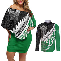 New Zealand And Ireland Rugby Custom Couples Matching Off Shoulder Short Dress and Long Sleeve Button Shirt Silver Fern With Celtic Cross