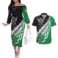 New Zealand And Ireland Rugby Custom Couples Matching Off The Shoulder Long Sleeve Dress and Hawaiian Shirt Silver Fern With Celtic Cross