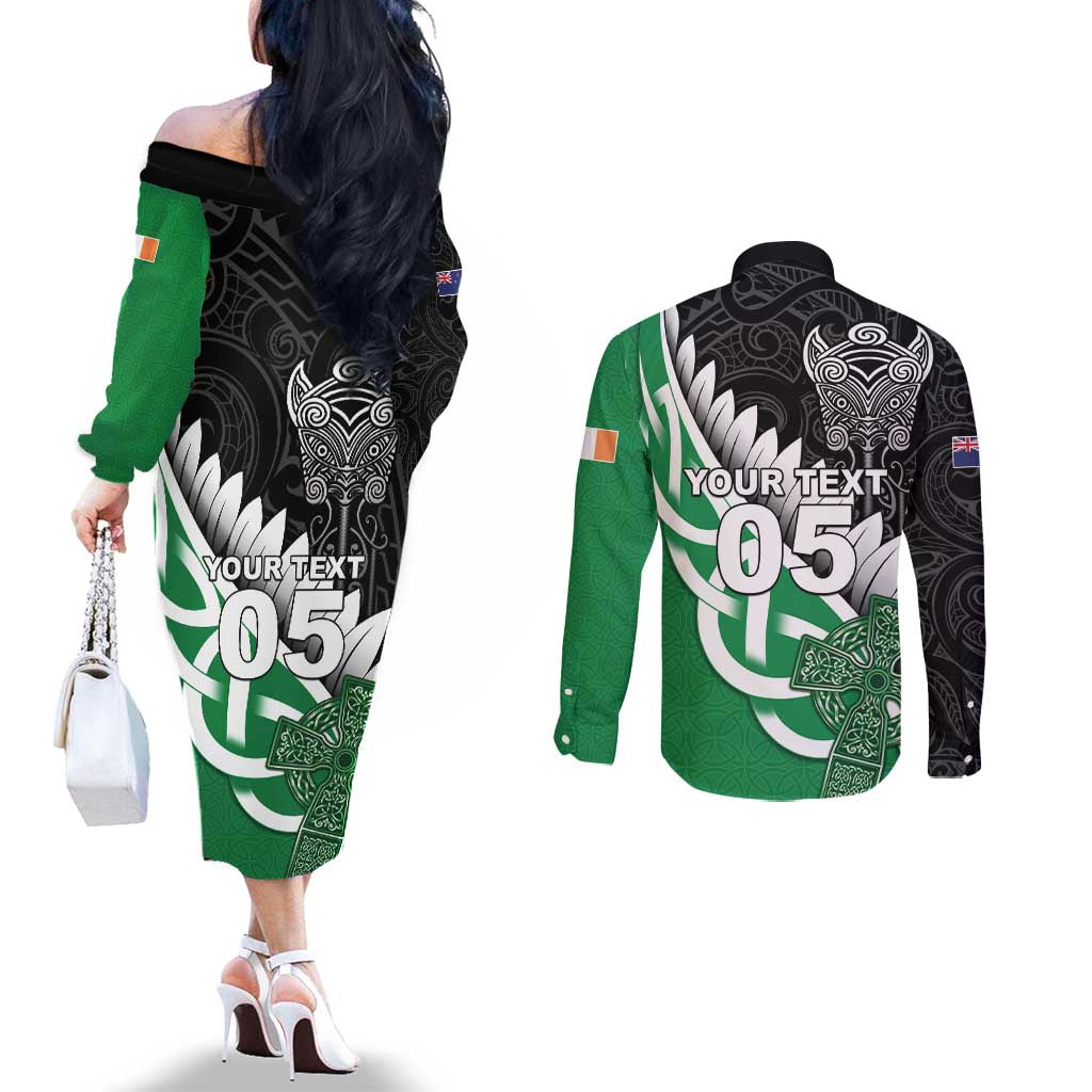New Zealand And Ireland Rugby Custom Couples Matching Off The Shoulder Long Sleeve Dress and Long Sleeve Button Shirt Silver Fern With Celtic Cross