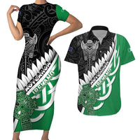 New Zealand And Ireland Rugby Custom Couples Matching Short Sleeve Bodycon Dress and Hawaiian Shirt Silver Fern With Celtic Cross
