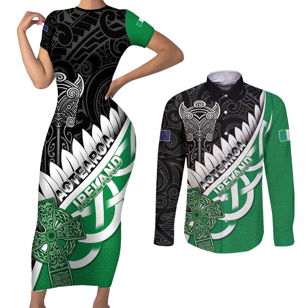New Zealand And Ireland Rugby Custom Couples Matching Short Sleeve Bodycon Dress and Long Sleeve Button Shirt Silver Fern With Celtic Cross