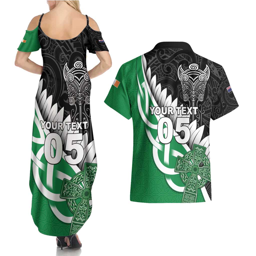 New Zealand And Ireland Rugby Custom Couples Matching Summer Maxi Dress and Hawaiian Shirt Silver Fern With Celtic Cross