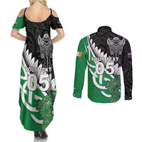 New Zealand And Ireland Rugby Custom Couples Matching Summer Maxi Dress and Long Sleeve Button Shirt Silver Fern With Celtic Cross