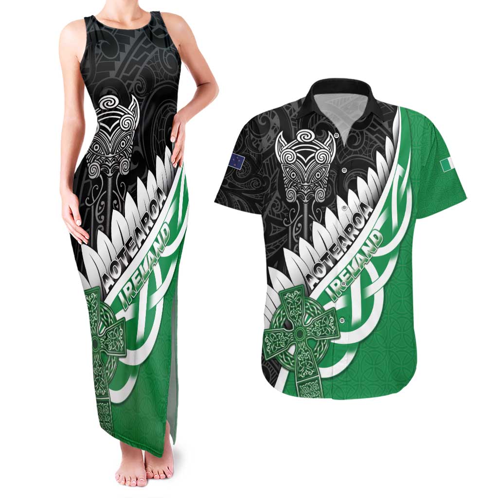 New Zealand And Ireland Rugby Custom Couples Matching Tank Maxi Dress and Hawaiian Shirt Silver Fern With Celtic Cross