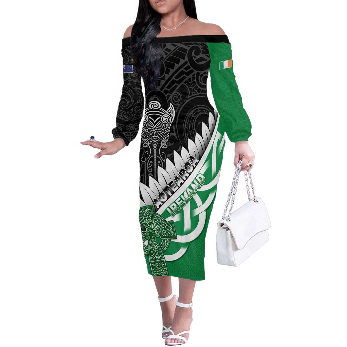 New Zealand And Ireland Rugby Custom Family Matching Off The Shoulder Long Sleeve Dress and Hawaiian Shirt Silver Fern With Celtic Cross