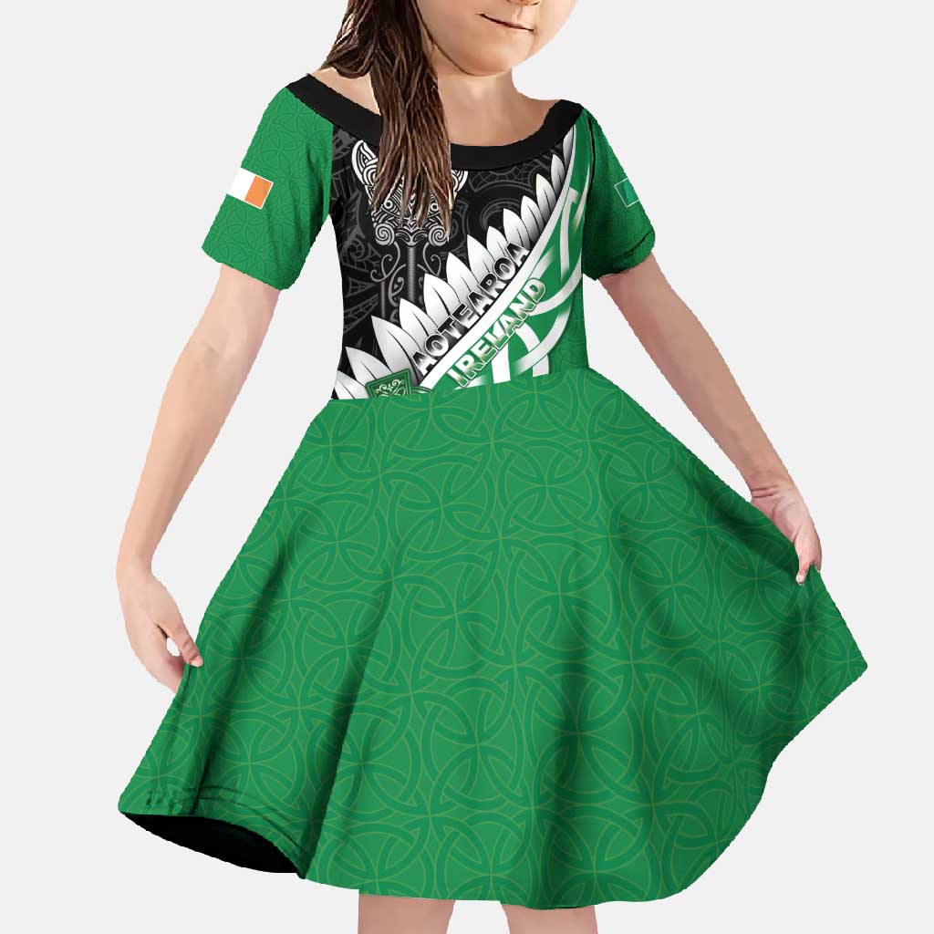 New Zealand And Ireland Rugby Custom Family Matching Off Shoulder Maxi Dress and Hawaiian Shirt Silver Fern With Celtic Cross