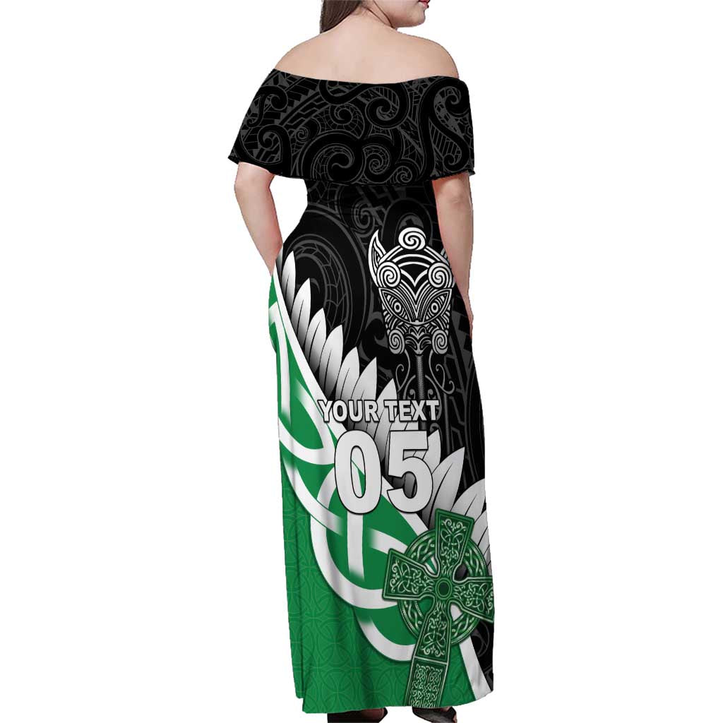 New Zealand And Ireland Rugby Custom Family Matching Off Shoulder Maxi Dress and Hawaiian Shirt Silver Fern With Celtic Cross