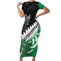 New Zealand And Ireland Rugby Custom Family Matching Short Sleeve Bodycon Dress and Hawaiian Shirt Silver Fern With Celtic Cross