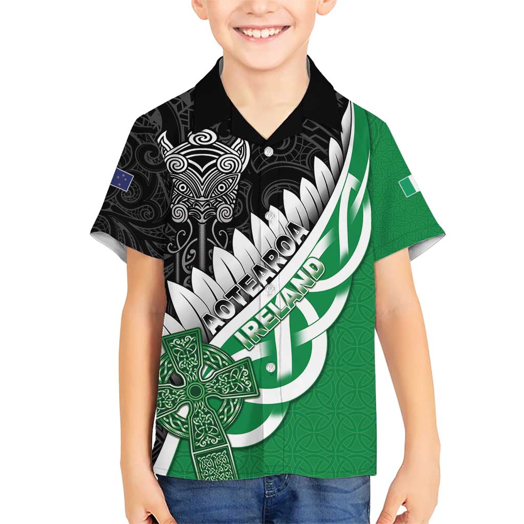 New Zealand And Ireland Rugby Custom Hawaiian Shirt Silver Fern With Celtic Cross