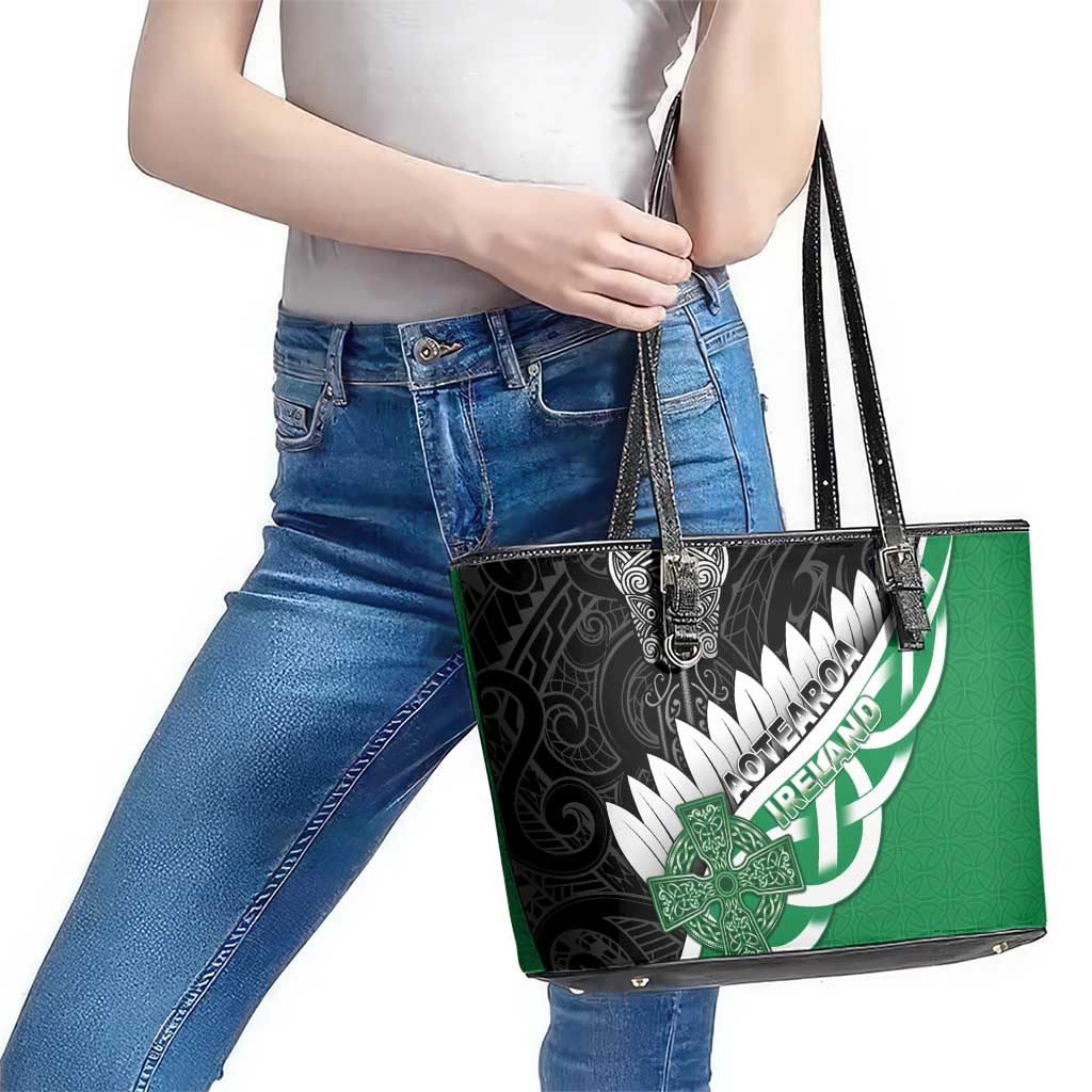 New Zealand And Ireland Rugby Leather Tote Bag Silver Fern With Celtic Cross