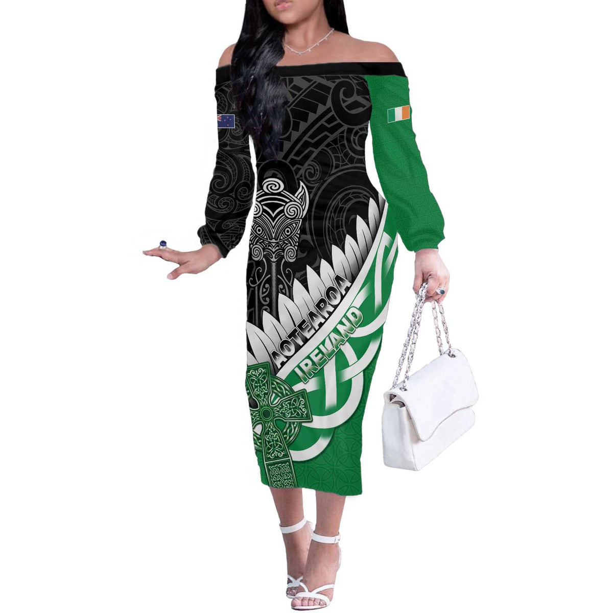 New Zealand And Ireland Rugby Custom Off The Shoulder Long Sleeve Dress Silver Fern With Celtic Cross
