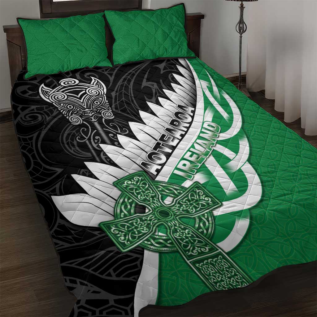 New Zealand And Ireland Rugby Quilt Bed Set Silver Fern With Celtic Cross
