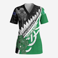 New Zealand And Ireland Rugby Custom Scrub Top Silver Fern With Celtic Cross - Polynesian Pride