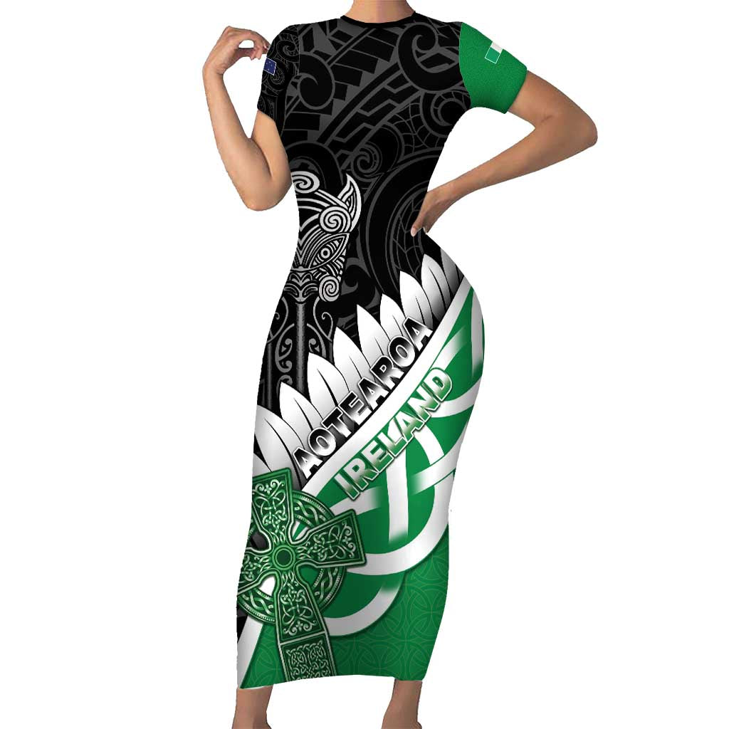 New Zealand And Ireland Rugby Custom Short Sleeve Bodycon Dress Silver Fern With Celtic Cross
