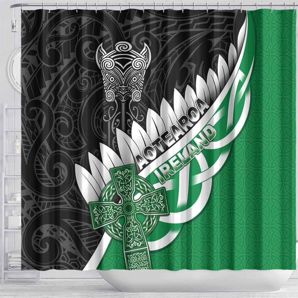 New Zealand And Ireland Rugby Shower Curtain Silver Fern With Celtic Cross