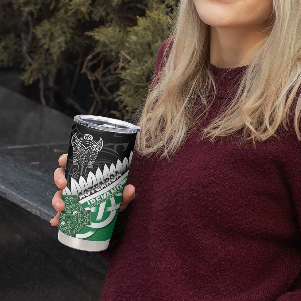 New Zealand And Ireland Rugby Custom Tumbler Cup Silver Fern With Celtic Cross
