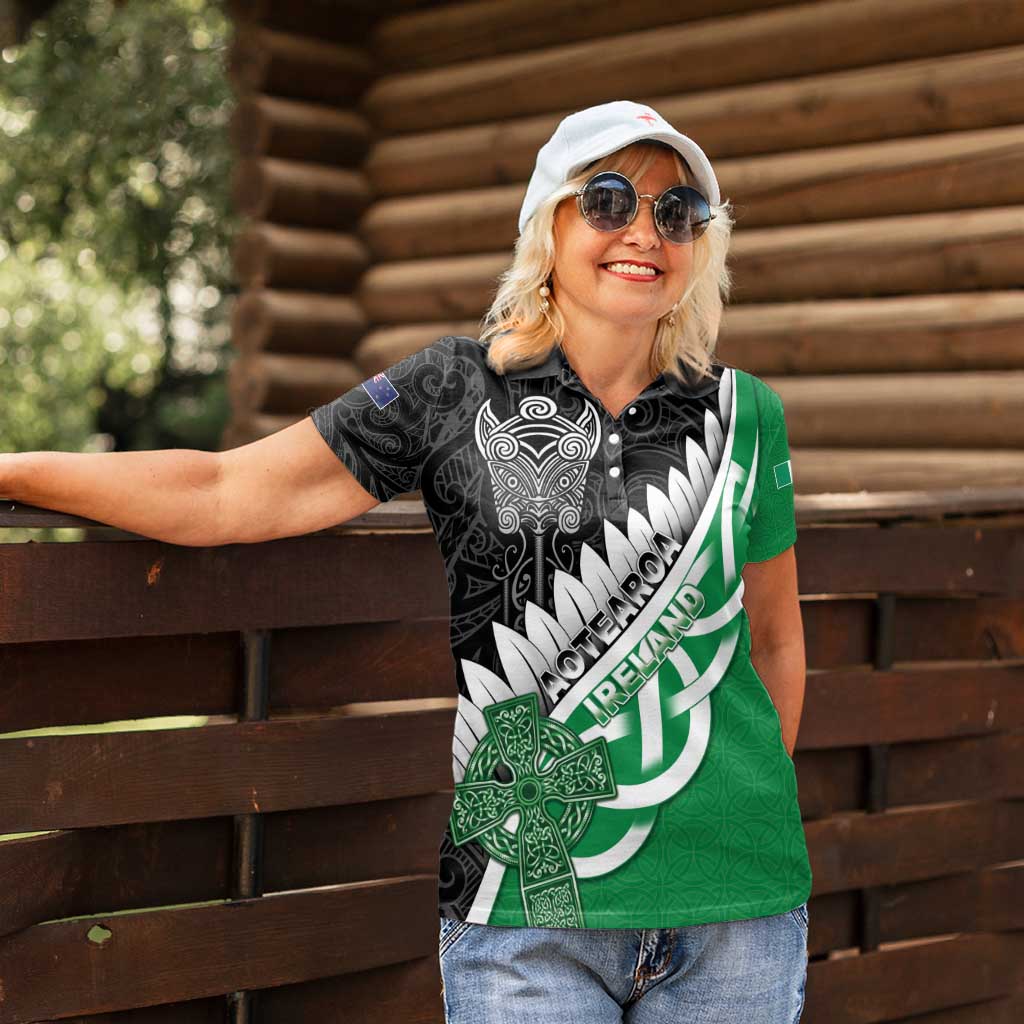 New Zealand And Ireland Rugby Custom Women Polo Shirt Silver Fern With Celtic Cross