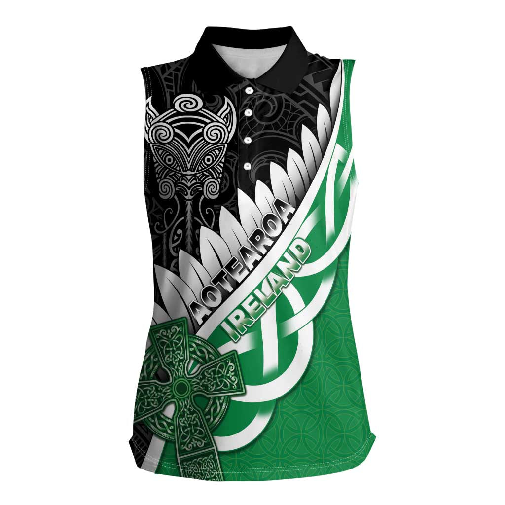 New Zealand And Ireland Rugby Custom Women Sleeveless Polo Shirt Silver Fern With Celtic Cross