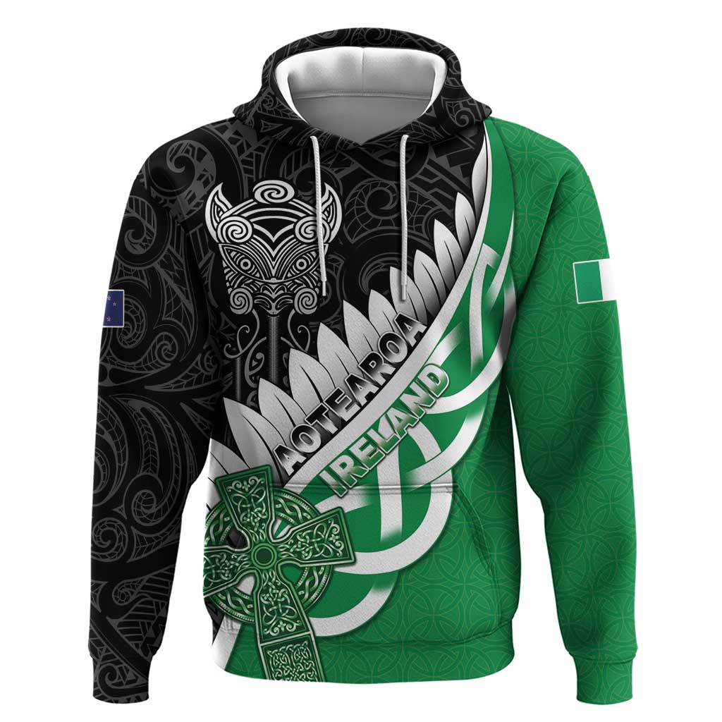 New Zealand And Ireland Rugby Custom Zip Hoodie Silver Fern With Celtic Cross