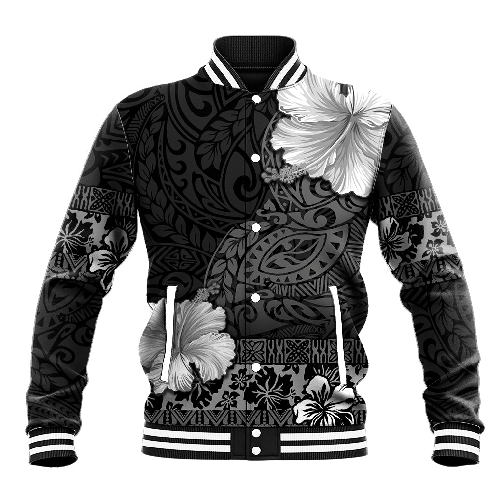 Hawaii Hibiscus With Black Polynesian Pattern Baseball Jacket LT05 Unisex Black - Polynesian Pride