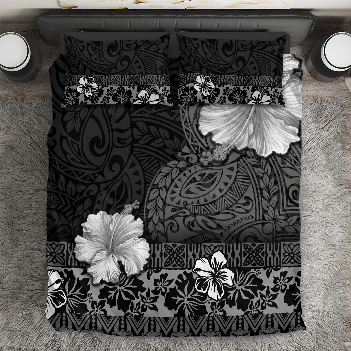 Hawaii Hibiscus With Black Polynesian Pattern Bedding Set