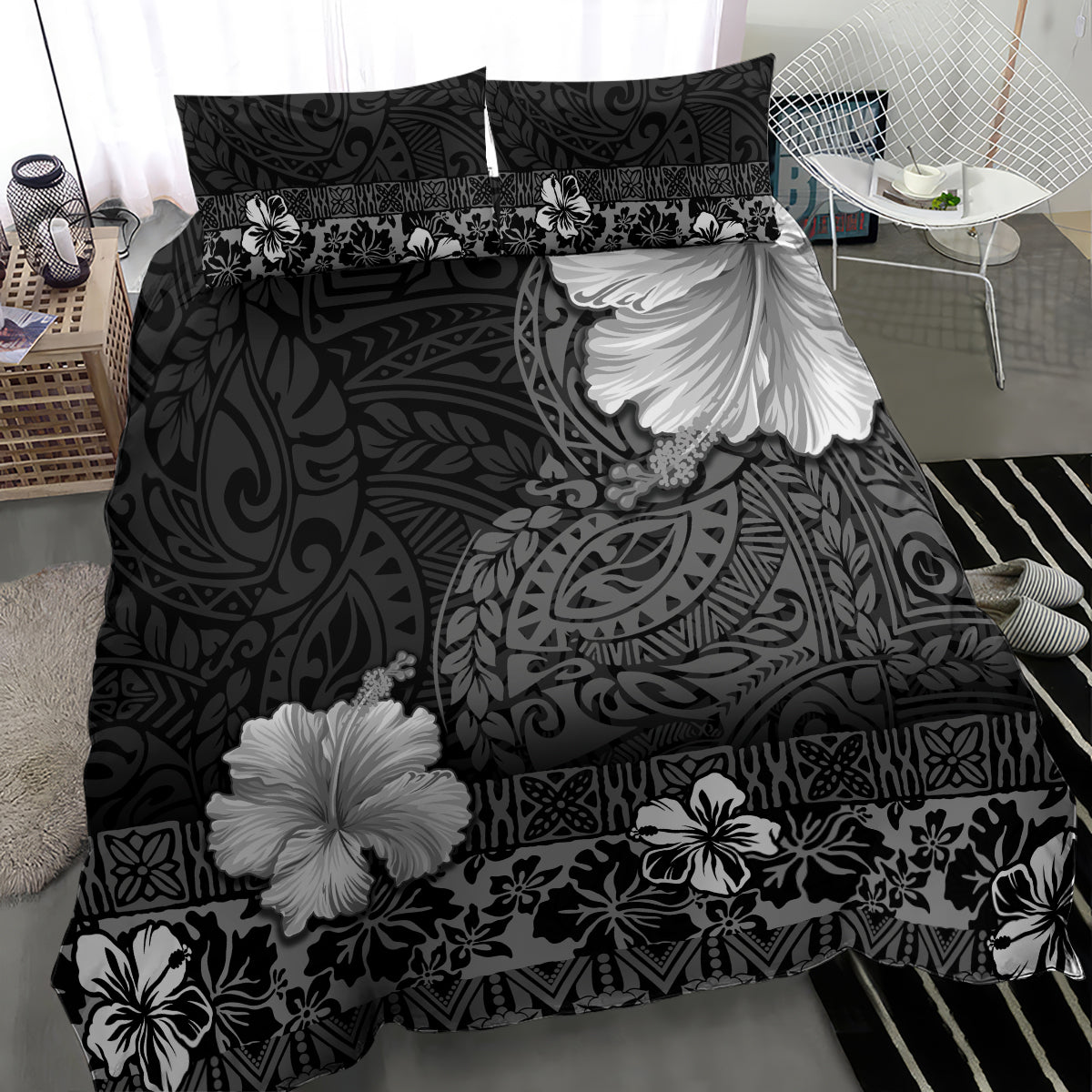 Hawaii Hibiscus With Black Polynesian Pattern Bedding Set LT05 - Polynesian Pride