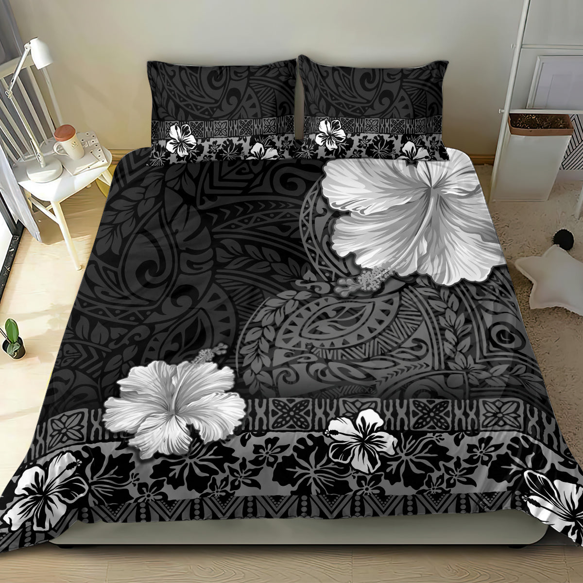 Hawaii Hibiscus With Black Polynesian Pattern Bedding Set LT05 - Polynesian Pride