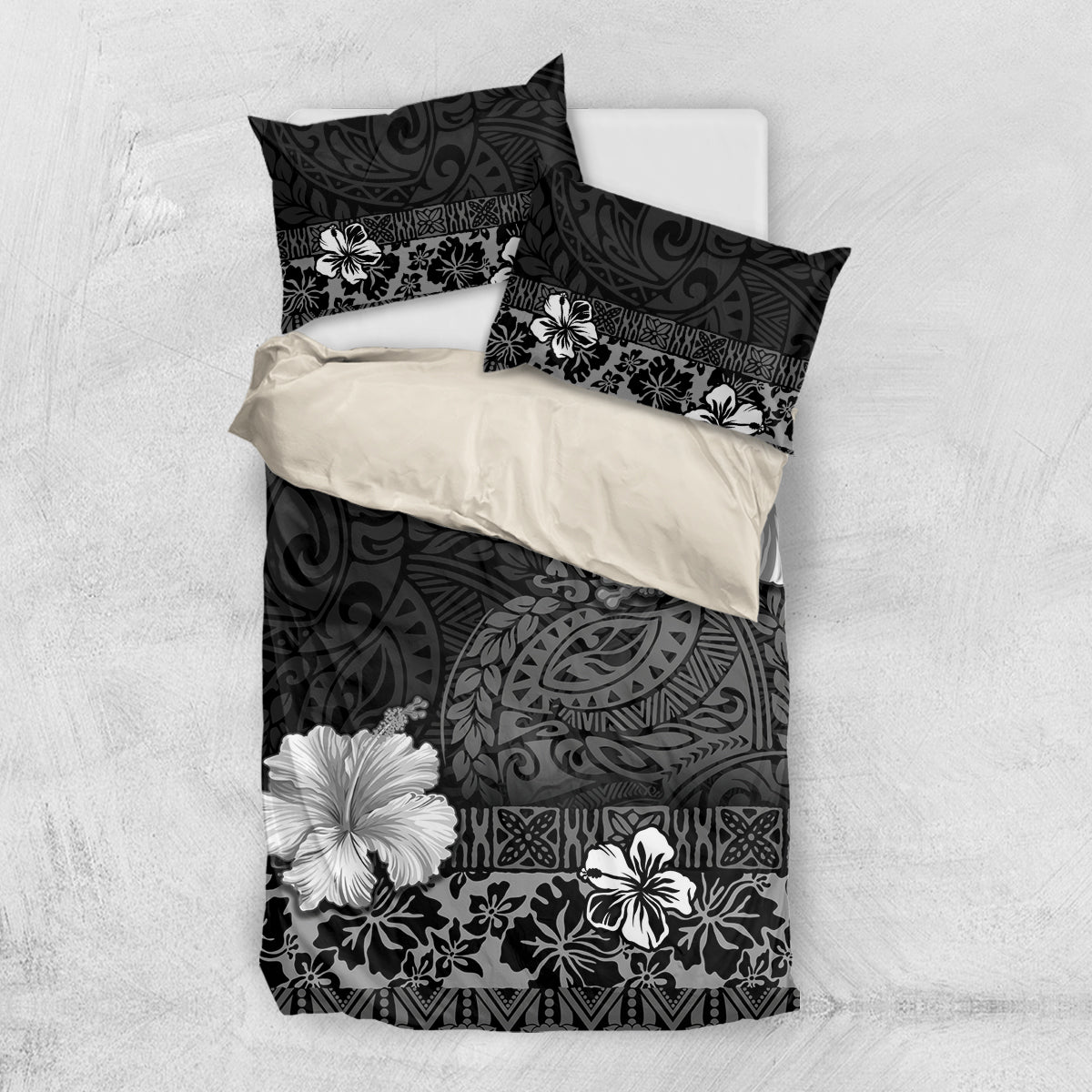 Hawaii Hibiscus With Black Polynesian Pattern Bedding Set LT05 US Twin 172cm x 218cm Black - Polynesian Pride