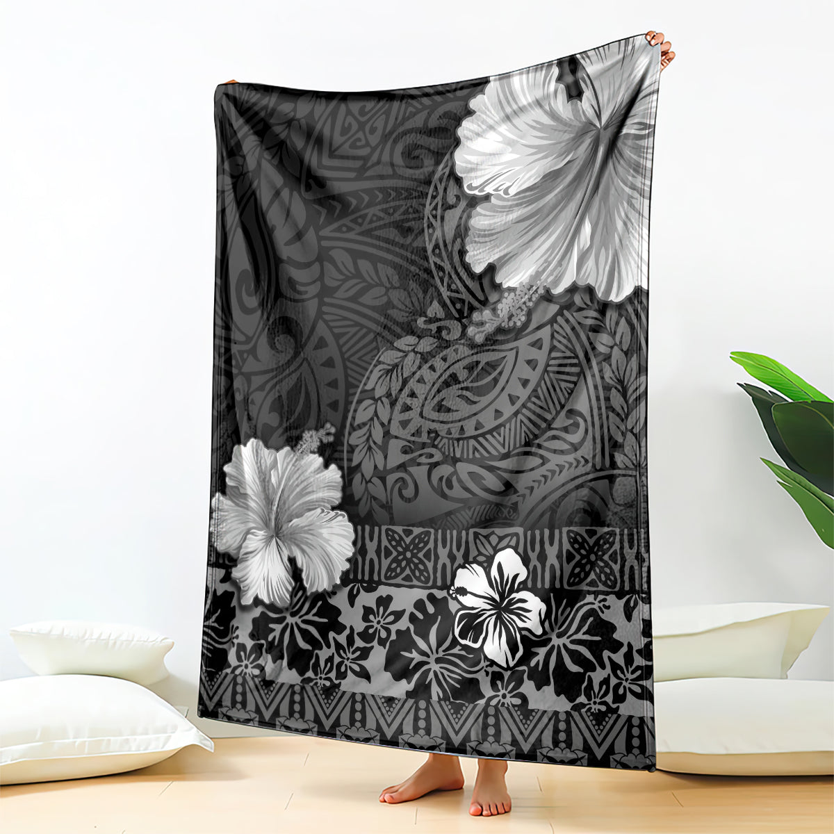 Hawaii Hibiscus With Black Polynesian Pattern Blanket LT05 - Polynesian Pride