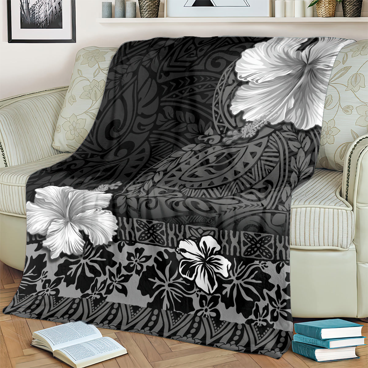 Hawaii Hibiscus With Black Polynesian Pattern Blanket LT05 - Polynesian Pride